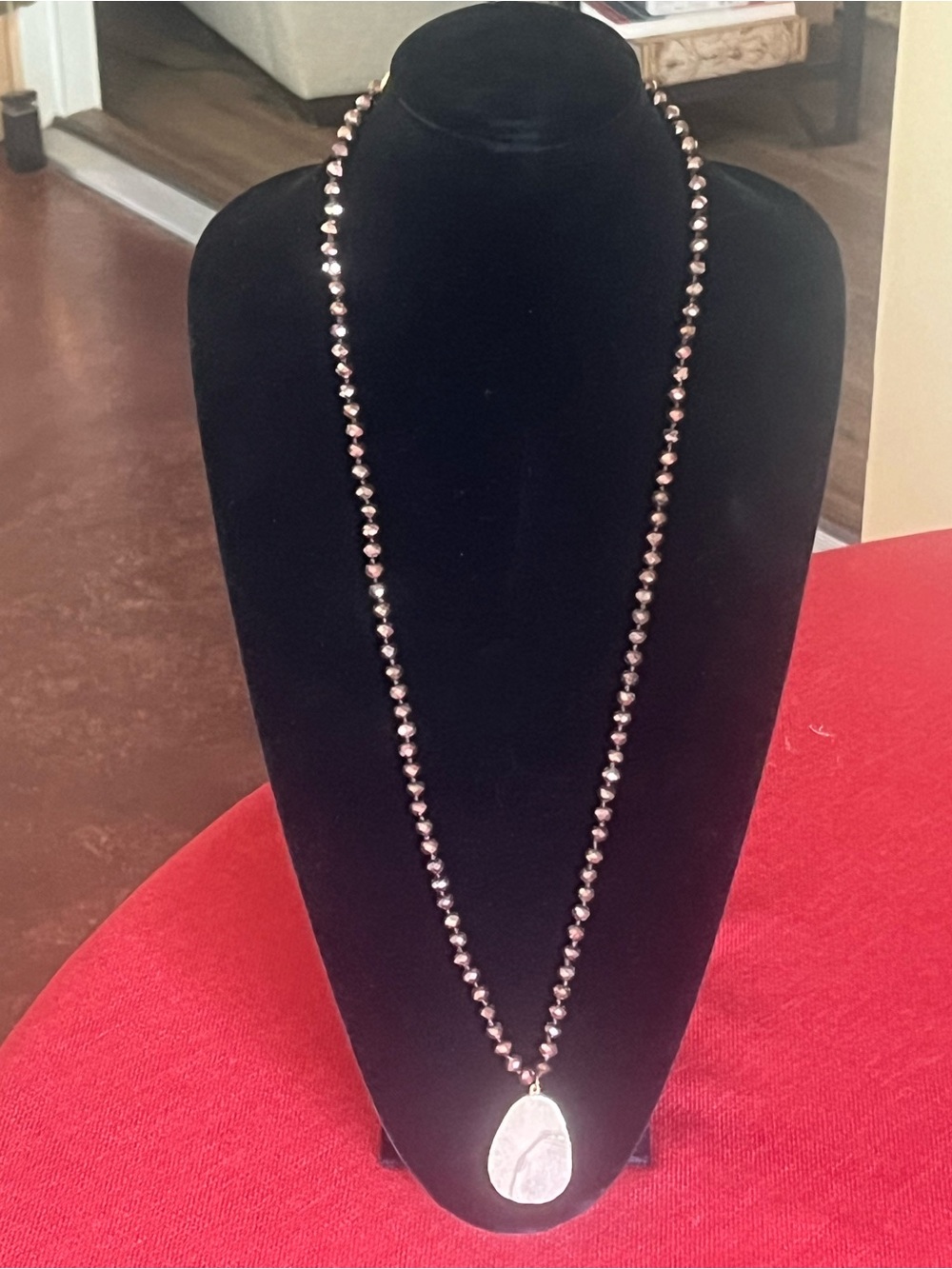 Bronze Beaded Necklace with Stone Teardrop Pendant by Jane Marie